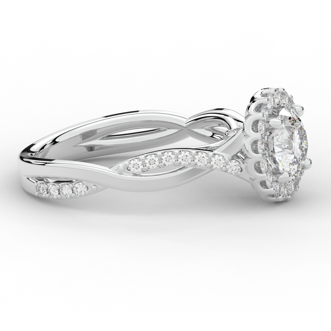 1.35CT.TW ROUND LAB DIAMOND HALO TWIST BAND ENGAGEMENT RING