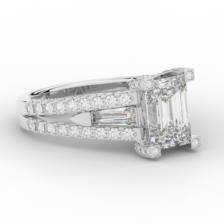 4.60CT.TW EMERALD CUT LAB DIAMOND SPLIT SHANK ENGAGEMENT RING