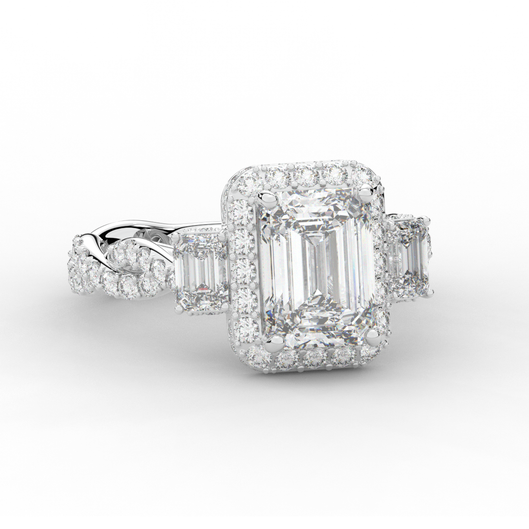 4.70CT.TW EMERALD CUT LAB DIAMOND 3 STONE ENGAGEMENT RING