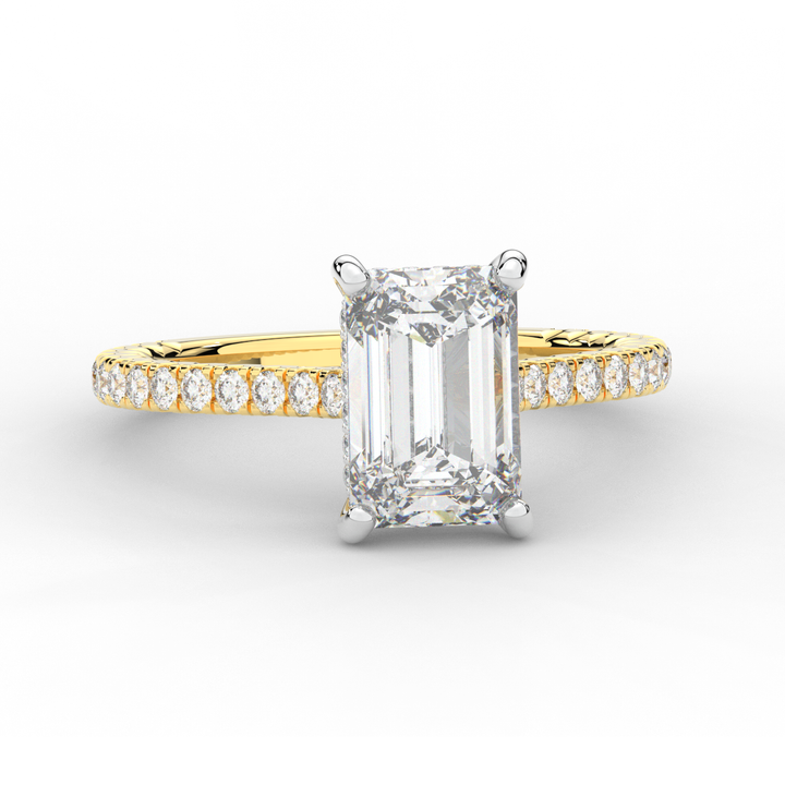 3.50CT.TW EMERALD CUT LAB DIAMOND UNDERHALO SOLITAIRE TWO TONE ENGAGEMENT RING