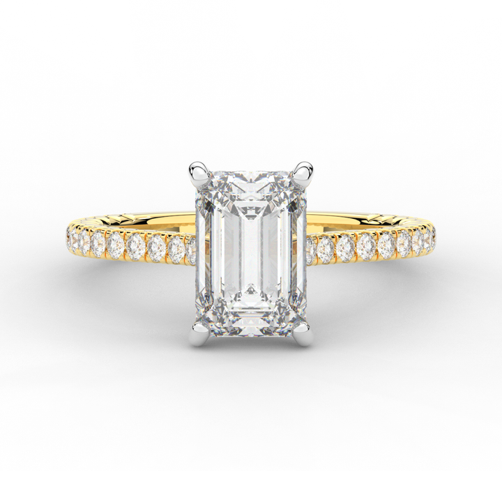 3.50CT.TW EMERALD CUT LAB DIAMOND UNDERHALO SOLITAIRE TWO TONE ENGAGEMENT RING