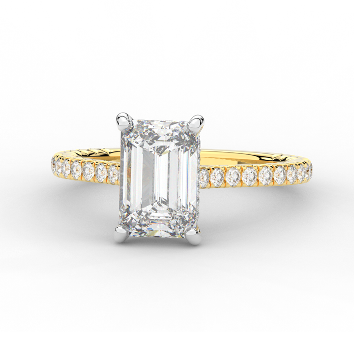 3.50CT.TW EMERALD CUT LAB DIAMOND UNDERHALO SOLITAIRE TWO TONE ENGAGEMENT RING