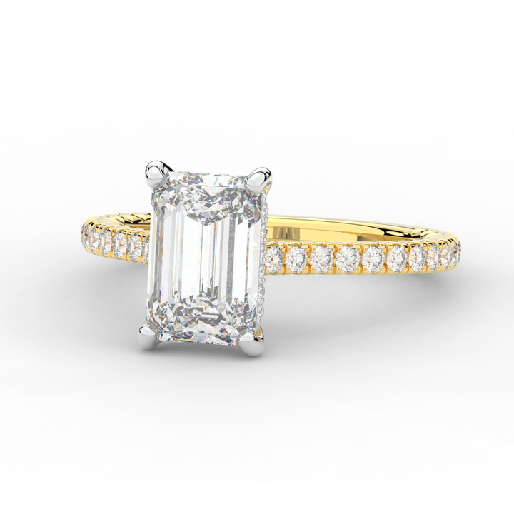 3.50CT.TW EMERALD CUT LAB DIAMOND UNDERHALO SOLITAIRE TWO TONE ENGAGEMENT RING