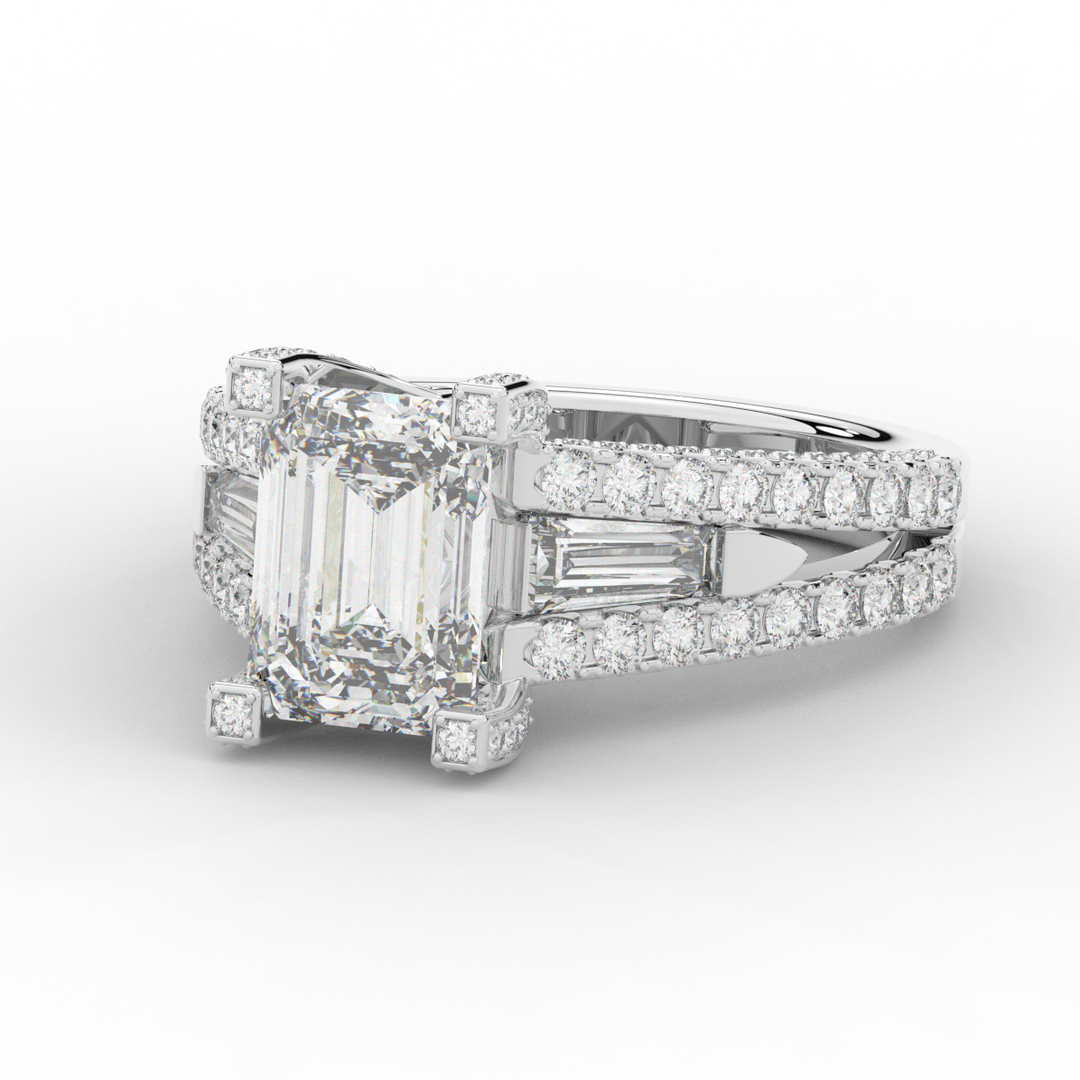 4.60CT.TW EMERALD CUT LAB DIAMOND SPLIT SHANK ENGAGEMENT RING