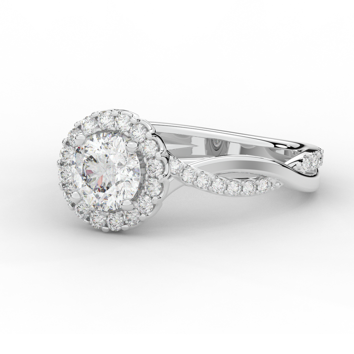 1.35CT.TW ROUND LAB DIAMOND HALO TWIST BAND ENGAGEMENT RING