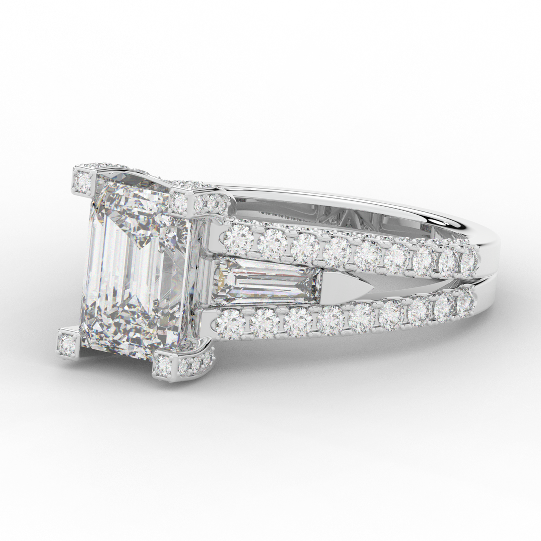 4.60CT.TW EMERALD CUT LAB DIAMOND SPLIT SHANK ENGAGEMENT RING