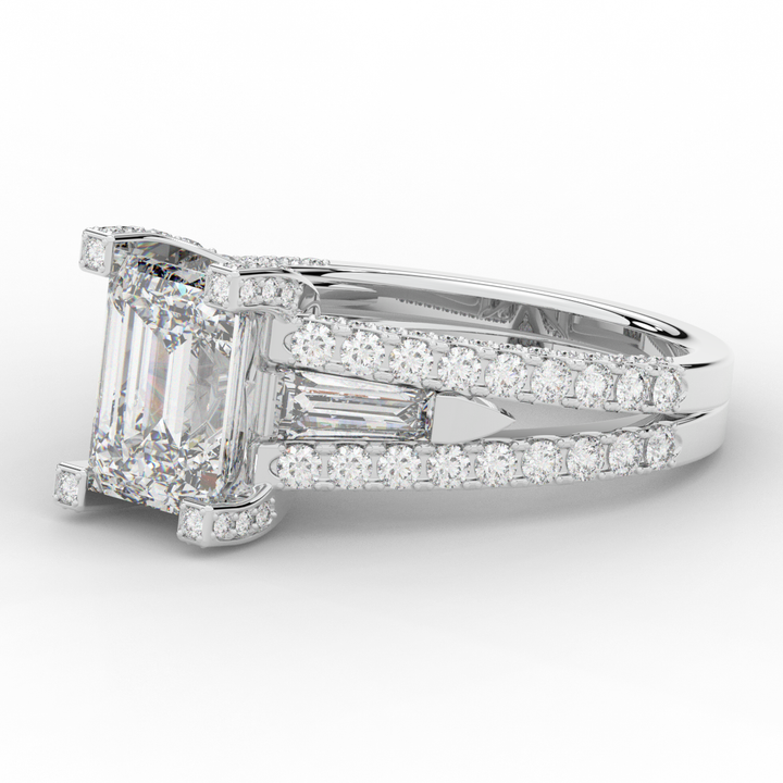 4.60CT.TW EMERALD CUT LAB DIAMOND SPLIT SHANK ENGAGEMENT RING