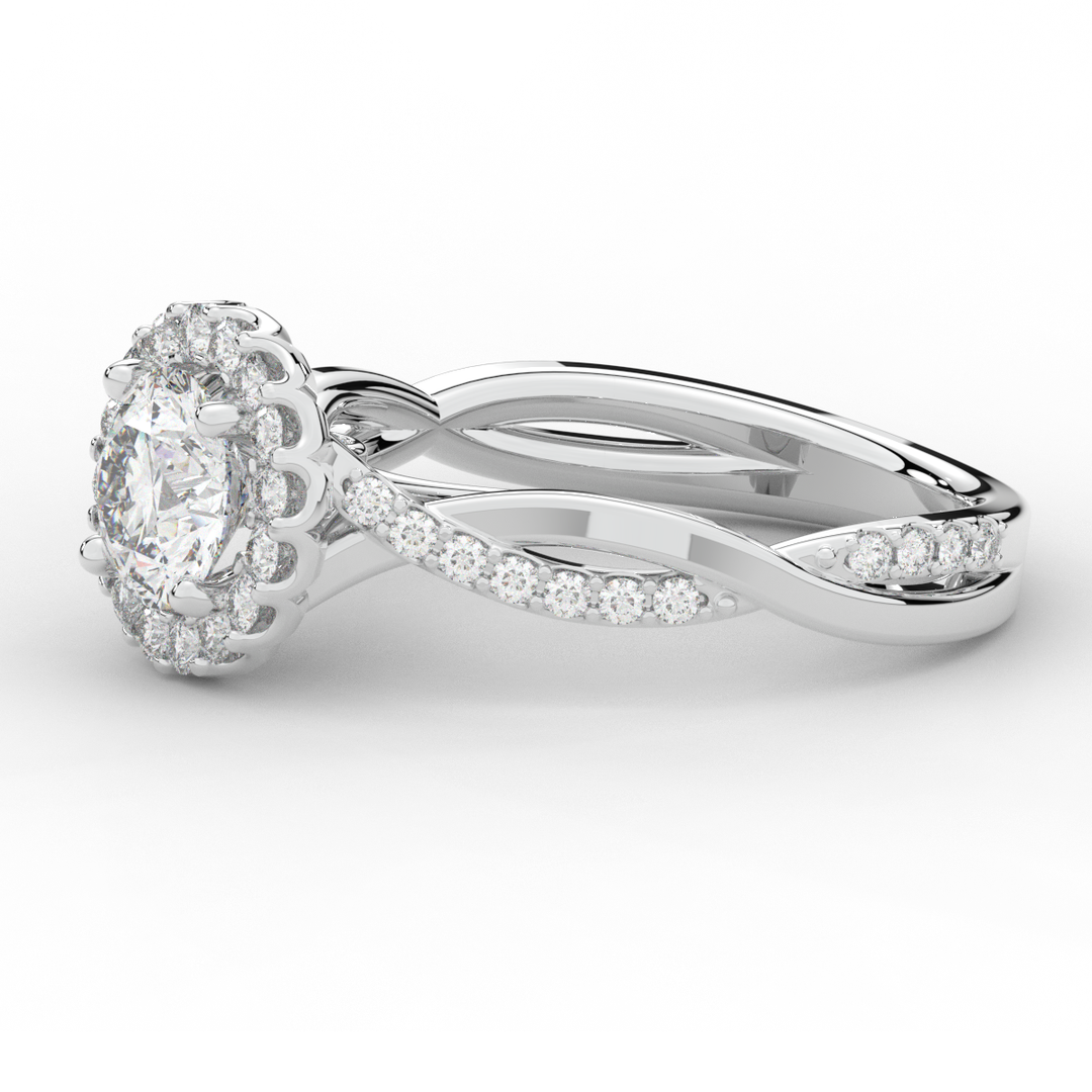 1.35CT.TW ROUND LAB DIAMOND HALO TWIST BAND ENGAGEMENT RING