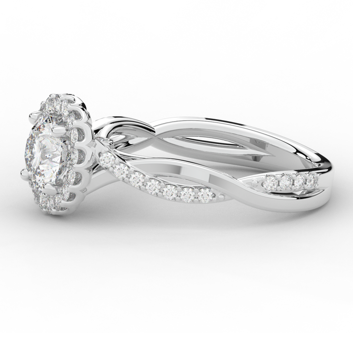 1.35CT.TW ROUND LAB DIAMOND HALO TWIST BAND ENGAGEMENT RING