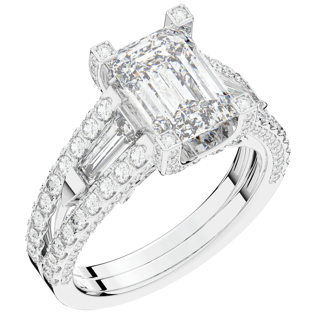 4.60CT.TW EMERALD CUT LAB DIAMOND SPLIT SHANK ENGAGEMENT RING