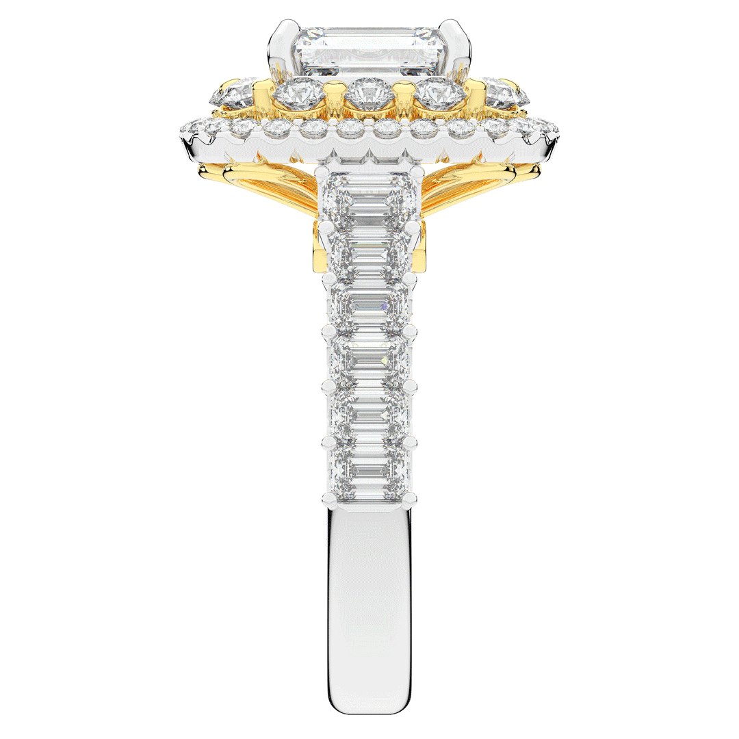 4.70CT.TW EMERALD CUT LAB DIAMOND DOUBLE HALO TWO TONE ENGAGEMENT RING