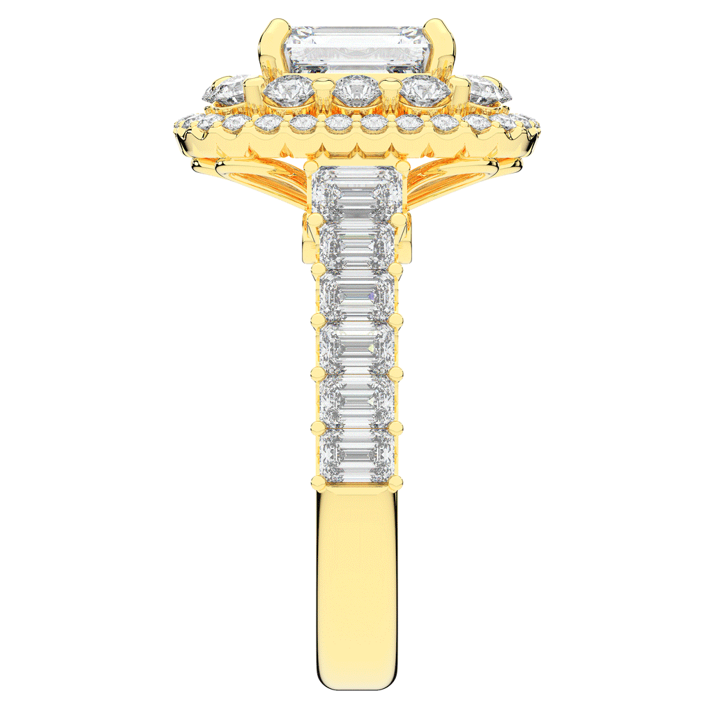 4.70CT.TW EMERALD CUT LAB DIAMOND DOUBLE HALO TWO TONE ENGAGEMENT RING