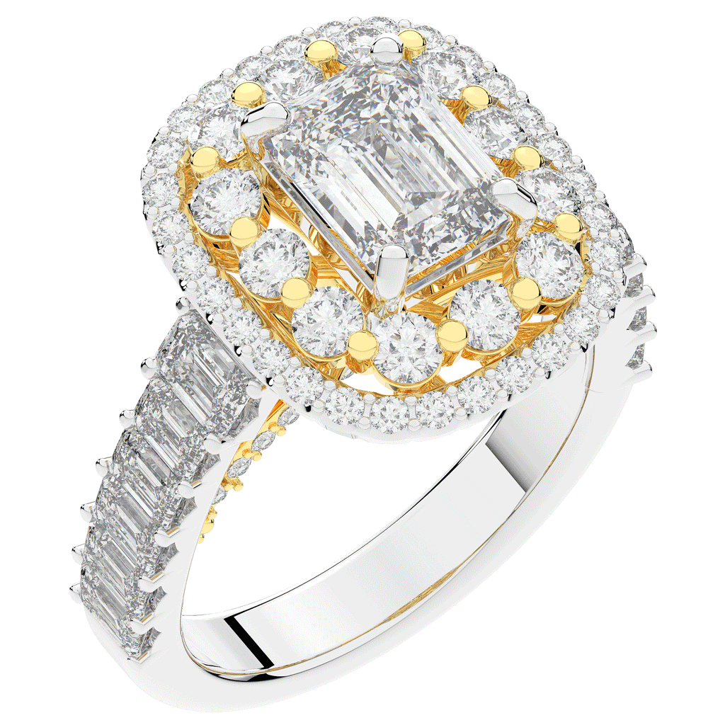 4.70CT.TW EMERALD CUT LAB DIAMOND DOUBLE HALO TWO TONE ENGAGEMENT RING