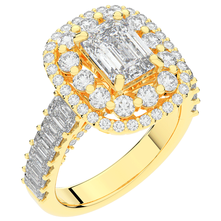 4.70CT.TW EMERALD CUT LAB DIAMOND DOUBLE HALO TWO TONE ENGAGEMENT RING