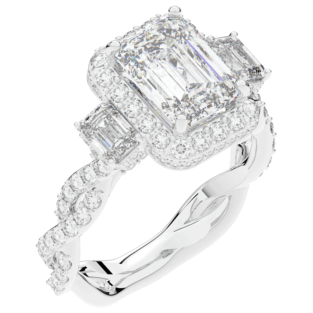 4.70CT.TW EMERALD CUT LAB DIAMOND 3 STONE ENGAGEMENT RING