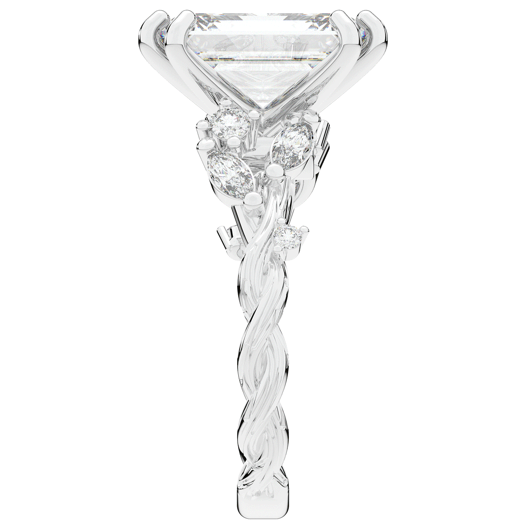 5.30CT.TW EMERALD CUT LAB DIAMOND STYLIZED VINE AND TREE BARK FINISH ENGAGEMENT RING