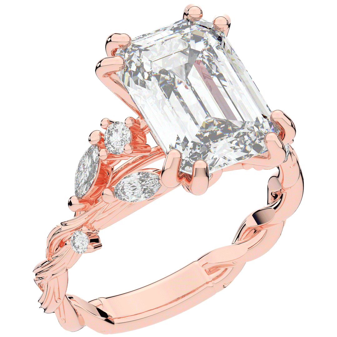 5.30CT.TW EMERALD CUT LAB DIAMOND STYLIZED VINE AND TREE BARK FINISH ENGAGEMENT RING