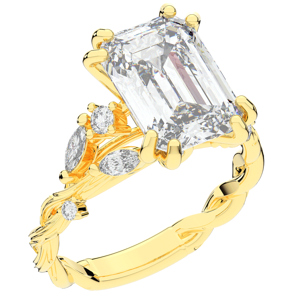 5.30CT.TW EMERALD CUT LAB DIAMOND STYLIZED VINE AND TREE BARK FINISH ENGAGEMENT RING