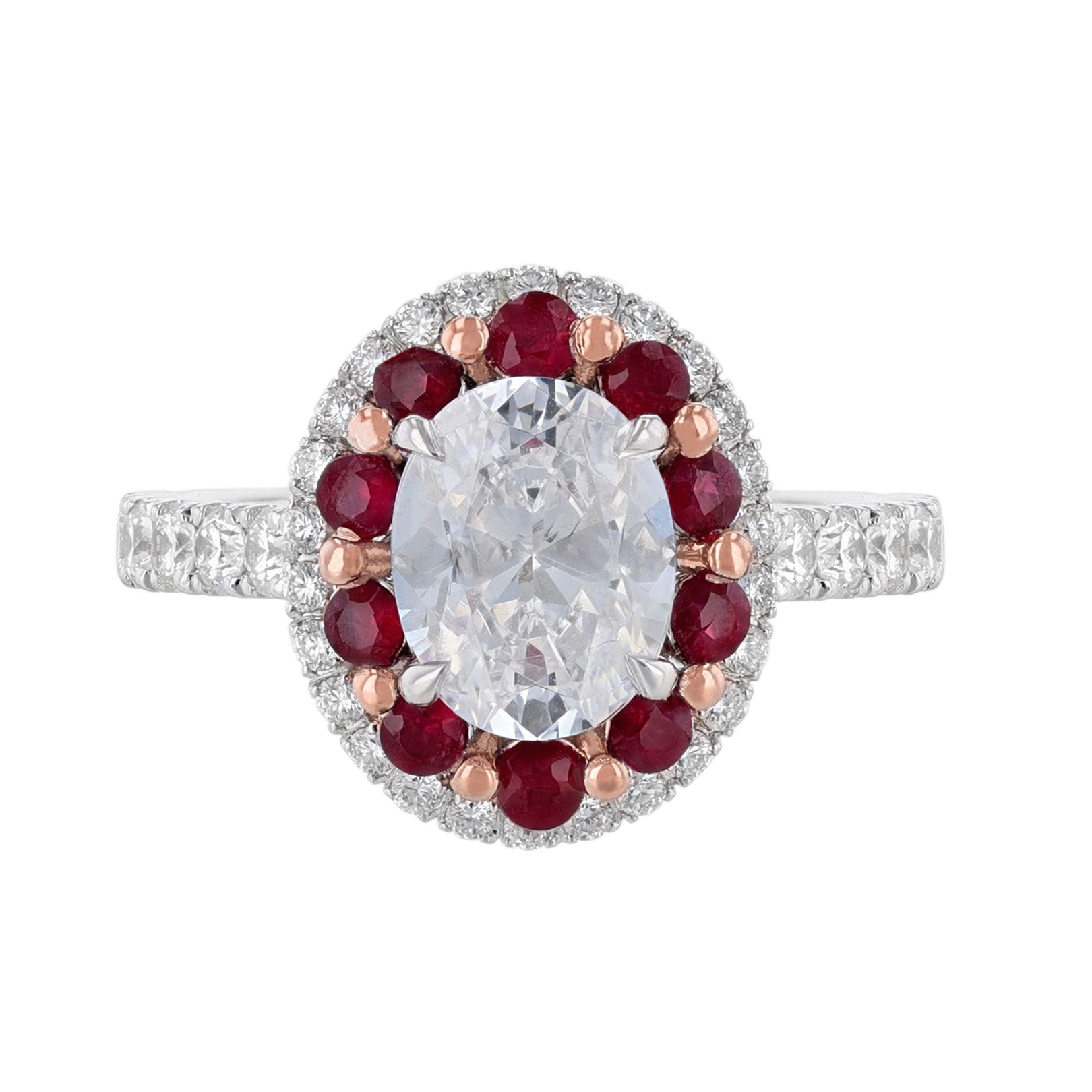 Oval Ruby & Diamond 2 Row Ring ni Yellow Gold